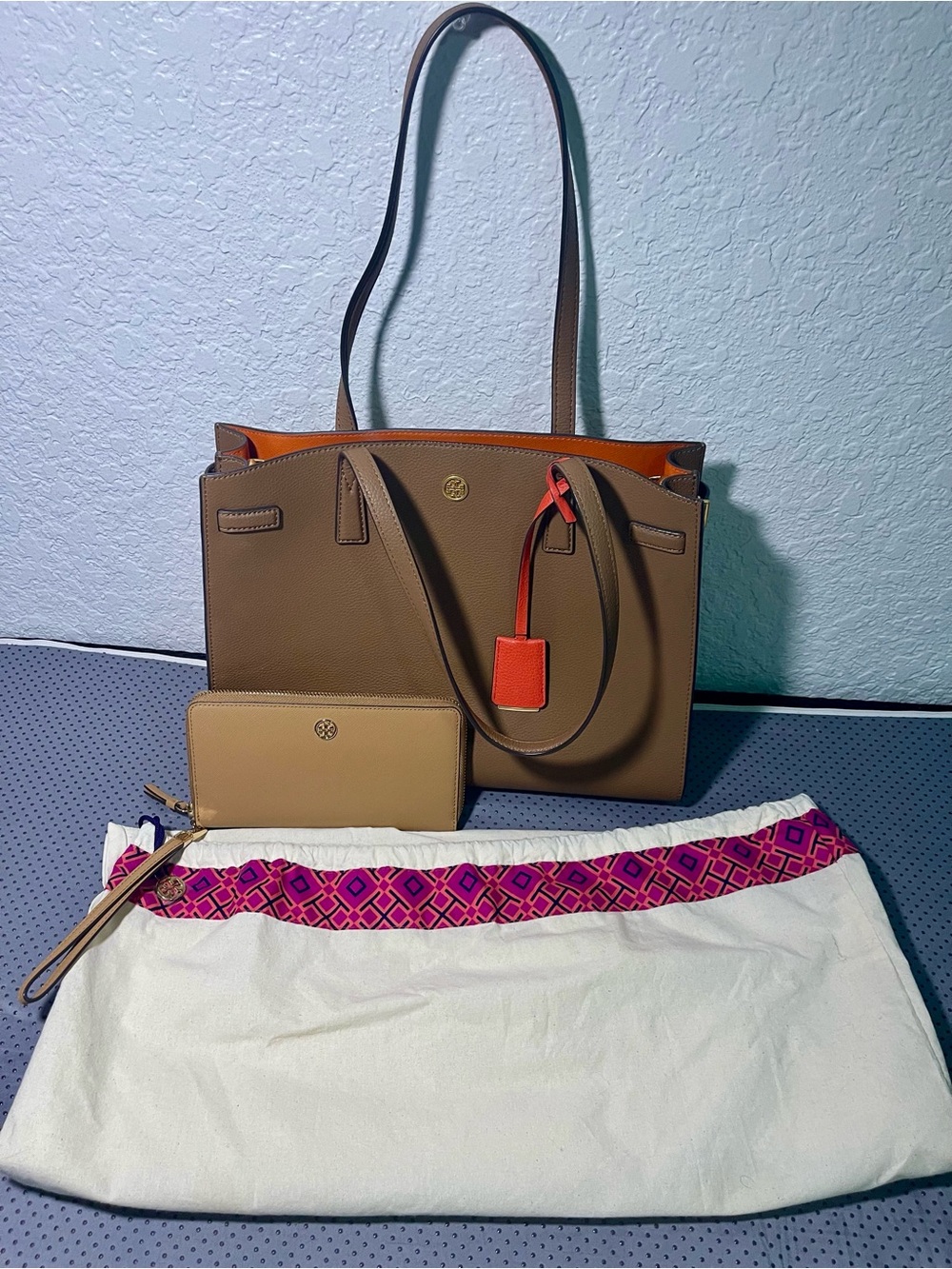 Tory Burch Brown Leather Tote with Orange Tag and Tan Wallet